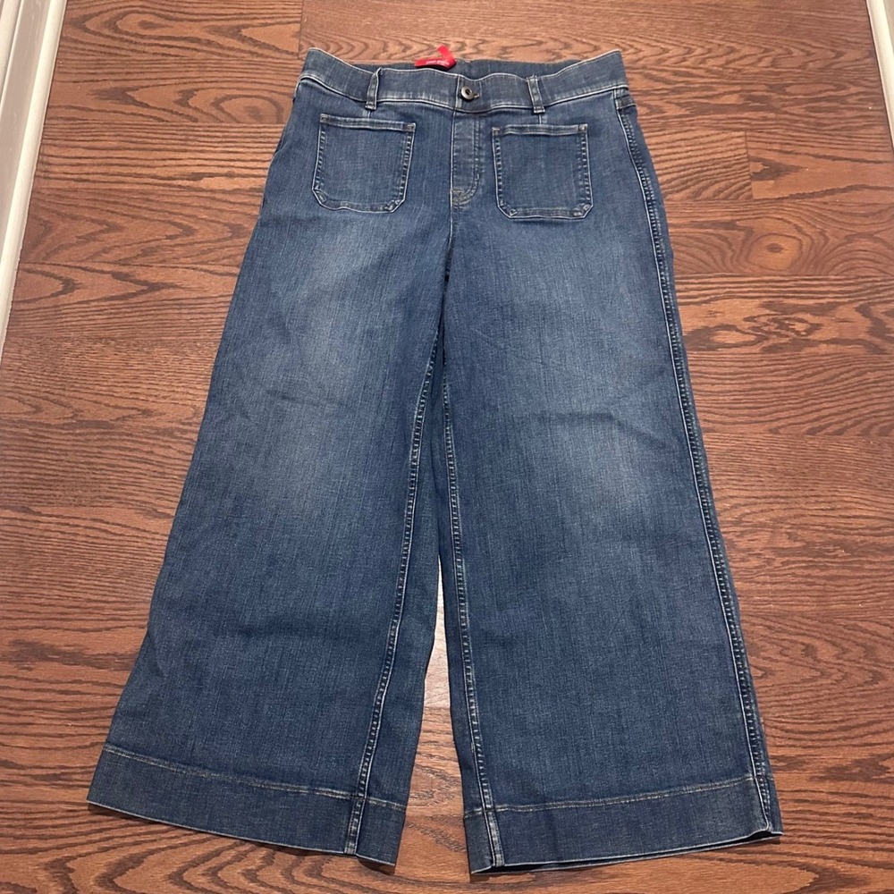 Spanx Womens Wide Leg Denim Jeans Medium Wash Patch Pocket Pull On Large